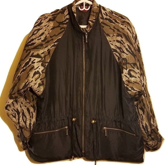 NORTHERN STYLE Original 80's Vintage 100% Silk Active Jacket Black Brown Leopard - Picture 1 of 4
